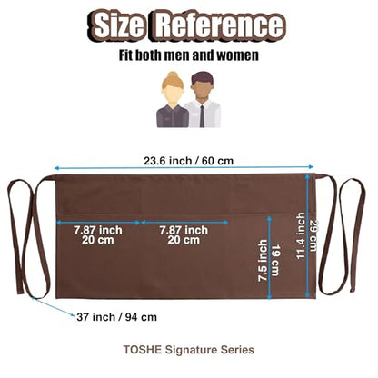 TOSHE Waist Apron 3 Pockets Waterdrop Resistant Cotton Server,Chef,Waitress - color: Brown