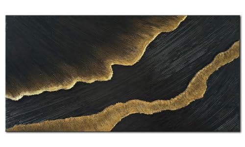 zoinart 100% Hand-Painted 3D Black and Gold Textured Wall Art, Abstract Modern Waves Oil Paintings on Canvas Wall Decor - color: BL-073