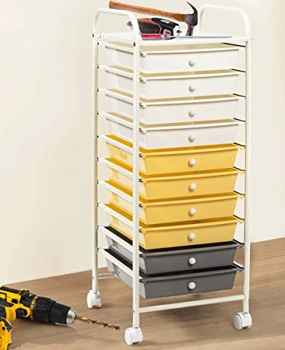 Happygrill 10-Drawer Storage Cart, Utility Cart with Removable Drawers & Metal Frame, Rolling Storage Cart with Lockable Wheels for Home, Office, Yellow - color: Yellow