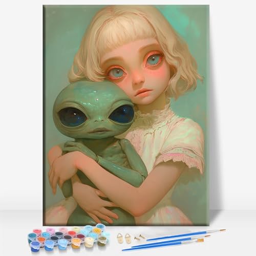 Aeontinity Alien Young Doll Gothic Framed Canvas DIY Paint by Numbers Kit Bar Cafe Cave Home Room Wall Bathroom Porch Patio Decor Gift, 16 x 12 Inch - color: ALIEN YOUNG DOLL