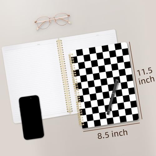 Cute Spiral Notebook journal A4 Aesthetic Pretty Design for Women Girls Kawaii with Pocket, 8.5 x 11 inch, Lined, Black Plaid - color: Black Plaid, style: Lined