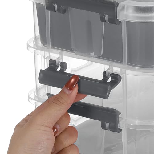 JUXYES 4-Tiers Plastic Stack Carry Storage Containers Box wih Handle Lids - color: Dark Gray