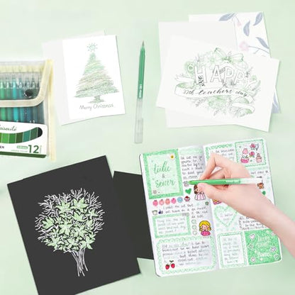 12 Green Glitter Gel Pens Set, 1.0 mm Fine Point for Black Paper & White Paper, Large Capacity Pens for Journaling, Adult Coloring Books, Drawing, Note Taking, Highlighting - color: green