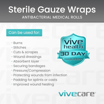Vive Care XL Gauze Wrap Roll for Wounds (12 Count) Large Sterile Rolls - Individually Wrapped Medical Bandages HSA/FSA Approved - Extra Absorbent & Adhesive Gauze - 4"x4.1" Yards | Individually Wrapped Medical Bandages HSA/FSA Approved - Extra Absorbent &