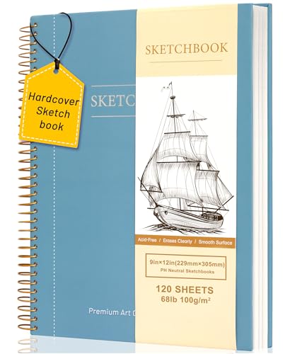 Yoment 9"x12" Hardcover Sketchbook for Drawing，120 Sheets，100GSM | Blue,Spiral Bound Sketch Pad Premium Art Sketchbook Artistic Drawing Paper Pad for Kids Adults Beginners Artists - color: 3-Blue, size: 9 x 12