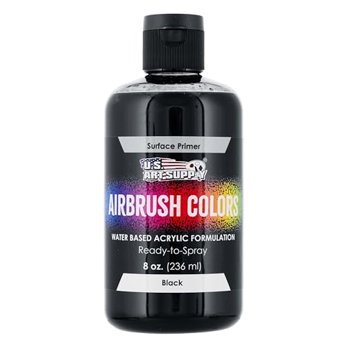 U.S. Art Supply Black Surface Primer Airbrush Paint, 8 oz - Acrylic Primer Paint, Ready-To-Spray, Water-Based Acrylic Polyurethane for Miniatures, Models, Plastic, Metal, Wood, Canvas, 3D Prints - color: Black