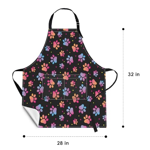 Apron with Pockets, 32x28 inch, for Women Men, Colorful Paw | Dog Animal Paw Waterproof Adjustable Bib Aprons for Kitchen Cooking Baking Painting Gardening - color: Cute Dog Paw