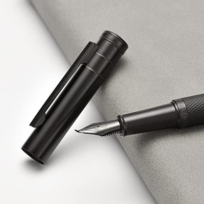 Brushed Black Forest Fude Pen, Bent Nib Calligraphy Fountain Pen (Fine to Broad) with Converter and Metal Box Set by Asvine - color: Black, style: Bent Point