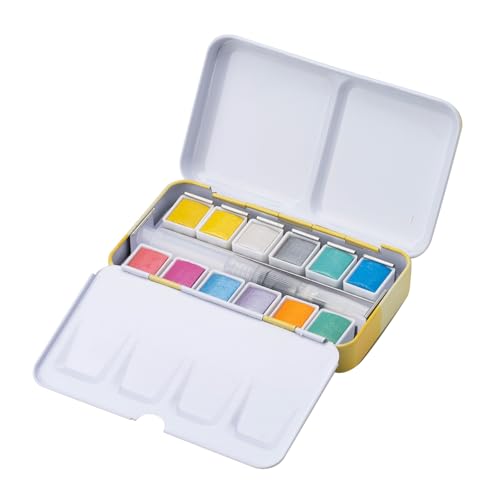 MEEDEN Metallic Watercolor Paint Set : 12 Colors Travel Watercolor Set with Brush in Half Pans - Portable Watercolor Paints for Adults & Artist - color: Metallic Colors