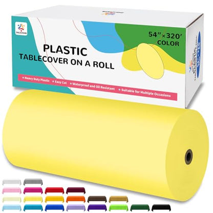 54IN X 320FT Plastic Table Cover Roll with Cutter Box, Cut to Size Plastic Table Cloths for Parties, Birthday, (Light Yellow, 54"x3840"(Rectangular)) - color: Light Yellow, size: 3840" x 54" (Rectangular)