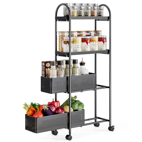 KINGRACK 4 Tier Slim Rolling Cart with Drawer, Metal Utility Storage Cart | 2 Pull-out Baskets, Lockable Wheels, Narrow Space Trolley Organizer for Bathroom, Kitchen, Office, Dorm, Laundry Room, Black - color: Black, size: 4 Tier-2BKT