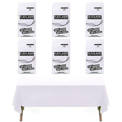 Eleclassi White 6 Pack Premium Disposable Plastic Tablecloth 54 x 108 in - Plastic Table Cloth Disposable Tablecloth for Rectangle Table Up to 8 Feet - color: White
