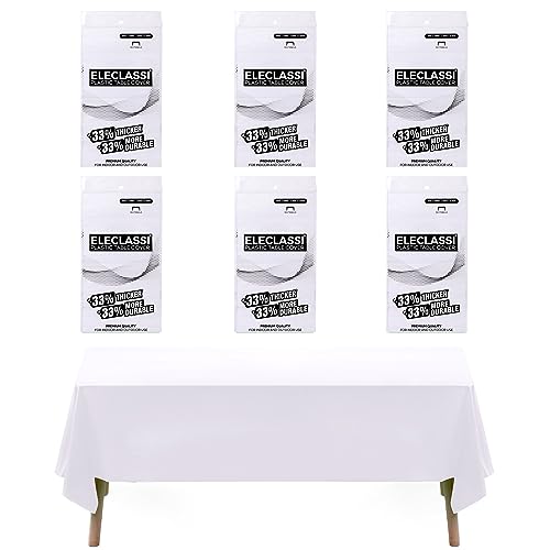 Eleclassi White 6 Pack Premium Disposable Plastic Tablecloth 54 x 108 in - Plastic Table Cloth Disposable Tablecloth for Rectangle Table Up to 8 Feet - color: White