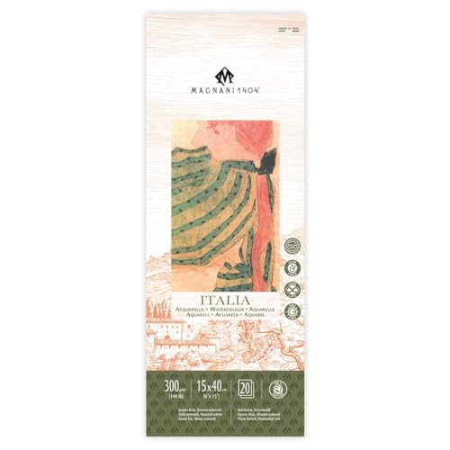 Magnani 1404 Italia Cold Press 100% Cotton Watercolor Paper Pad, 20 Sheets, 6x15, 140 lb, Acid-Free, UV Resistant, pH-Neutral, Vegan Sized Water Color Paper for Artists, Made in Italy - size: 6x15" Pad