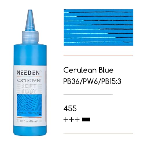MEEDEN Soft Body Acrylic Paint: Cerulean Blue Hue 250ml/8.45oz | Bulk Acrylic Colors in Ergonomic Bottle - Fluid Flow Art Paints for Artists Canvas Painting - color: Cerulean Blue Hue