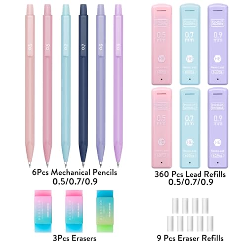 Four Candies Pastel Mechanical Pencil Set with Case, 6-Pack | 0.5/0.7/0.9mm, 360 Leads, 3 Erasers, 9 Eraser Refills, Back to School Supplies for Girls, Cute Aesthetic Stationery - style: 0.5mm + 0.7mm + 0.9mm
