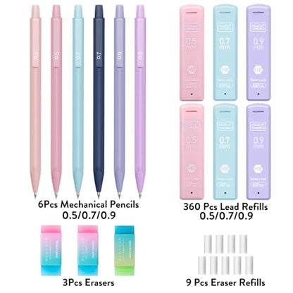 Four Candies Pastel Mechanical Pencil Set with Case, 6-Pack | 0.5/0.7/0.9mm, 360 Leads, 3 Erasers, 9 Eraser Refills, Back to School Supplies for Girls, Cute Aesthetic Stationery - style: 0.5mm + 0.7mm + 0.9mm
