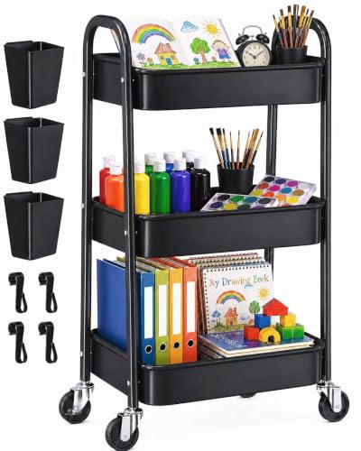 3 Tier Black Rolling Cart with Wheels, Metal Three Tiered Utility Roller Shelf on Wheels, Storage Carts Organizer for Craft, Art Supply, Snack, Laundry, Bathroom, Baby Essentials, Diaper Caddy,Nursery - color: Black