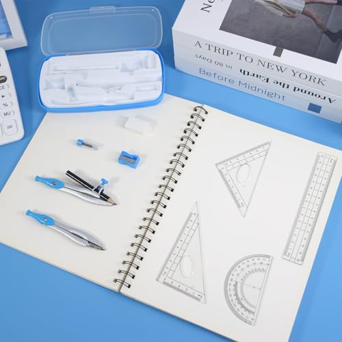 Marte Vanci Math Geometry Kit, 10 Pieces Geometry Set with Storage Box Student Supplies for Drawing, Includes Compasses, Pencil, Eraser, Rulers Protractor, Sharpener,Lead Refills(Blue)