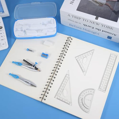 Marte Vanci Math Geometry Kit, 10 Pieces Geometry Set with Storage Box Student Supplies for Drawing, Includes Compasses, Pencil, Eraser, Rulers Protractor, Sharpener,Lead Refills(Blue)