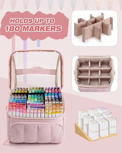 Marscamd Quilted Marker Organizer Case Holds 180 Markers, Marker Storage Organizer Bag with Dividers and Multiple Pockets (Bag Only), Pink - color: Pink