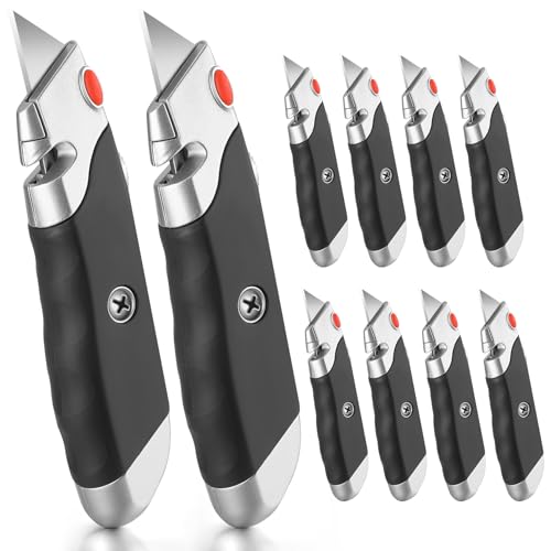 DIYSELF 10 Pack Utility Knives, Quick-Release Box Cutters with Rubber Grip | Heavy Duty Box Cutter Retractable, 5 Extra Blades, Razor Knife for Cardboard, Cartons, Packages, Warehouse, Office and DIYers - style: 10 Pack