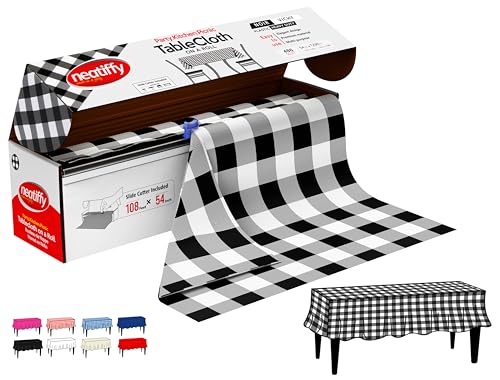 Neatiffy Disposable Plastic Tablecloth Roll | Indoor/Outdoor Table Cover Roll for Rectangle, Square, Round Tables | Picnic, Party, Banquet, Birthdays, Weddings -54 in x 108 ft-Black Checkered - color: Black Checkered
