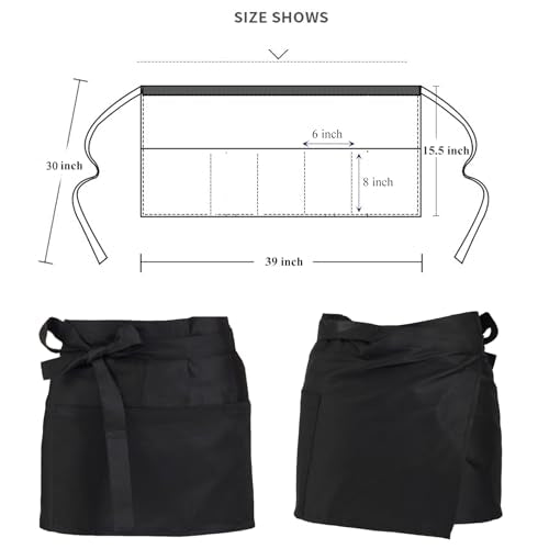 Server Aprons Large Size W 3 Pockets - Half Waist Apron in Black for Women Men - color: Black