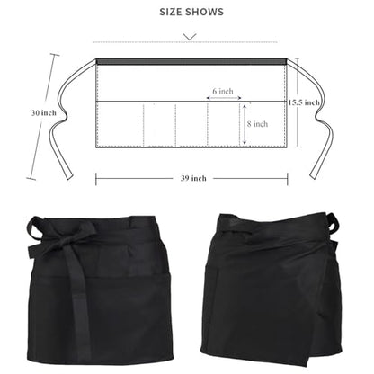 Server Aprons Large Size W 3 Pockets - Half Waist Apron in Black for Women Men - color: Black