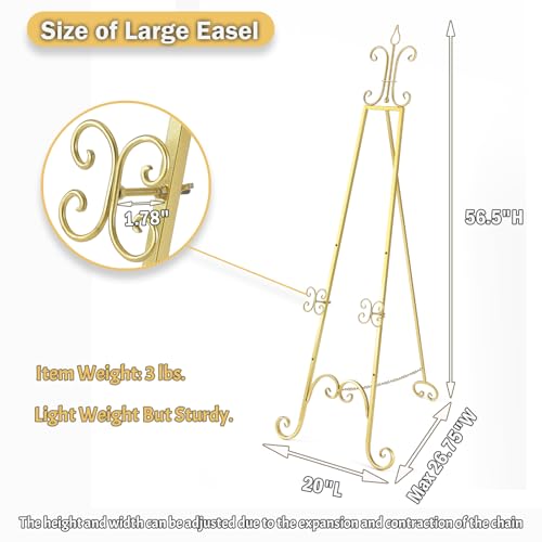20"L x 26.75"W x 56.5"H Large Easel Stand for Display, Adjustable Heigh Metal Gold Easel Stand with Chain Support, Heavy Duty Easel for Mirror, Sign, Wedding, Picture Frame. (No Installation Required)