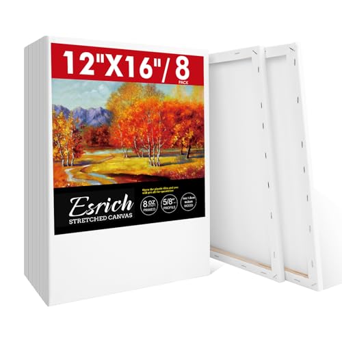 ESRICH 12x16 Stretched Canvas for Painting, 8 Pack Blank Canvases for Painting -5/8 in Profile Primed Cotton Painting Canvas for Oil & Acrylic Paint - size: 12x16in-8P