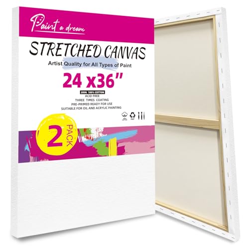 Stretched Canvas for Painting, 2Pack 24X36 Large Canvas for Painting, (280GSM) Triple Primed 2/3" Profile Cotton Professional Artist Quality Blank Canvas,Ready to Paint, Art Supplies for Acrylic, Oil - size: 2PK 24x36