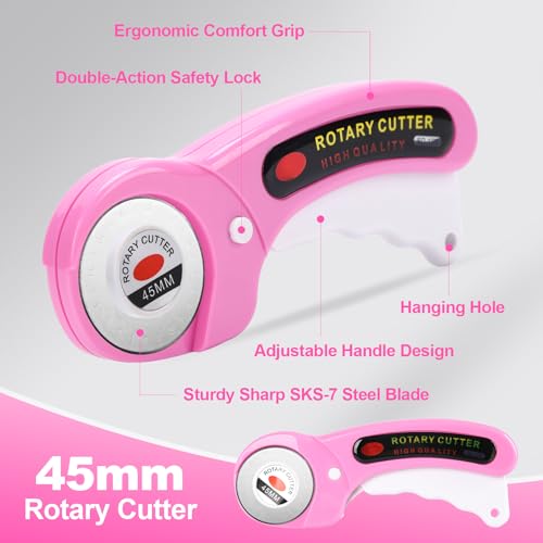 Rotary Cutter for Fabric, 45mm Rotary Cutters Kit with Extra 10 Blades | Ergonomic Rolling Cutter with Safety Lock, Suitable for Leather, Crafting, Sewing, and Quilting Fabric (Pink)