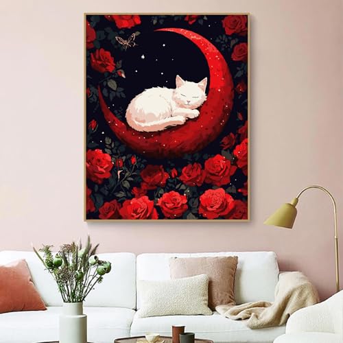 Paint by Numbers Kit for Adults Beginner Animal,Moon Flowers Cat,16x20" | Full set with wooden brushes,rolled canvas,rich paints.Calming activity.Beginner friendly.Just open and paint. - color: 16"X20"Rolled Canvas(Frameless)-Cat 15