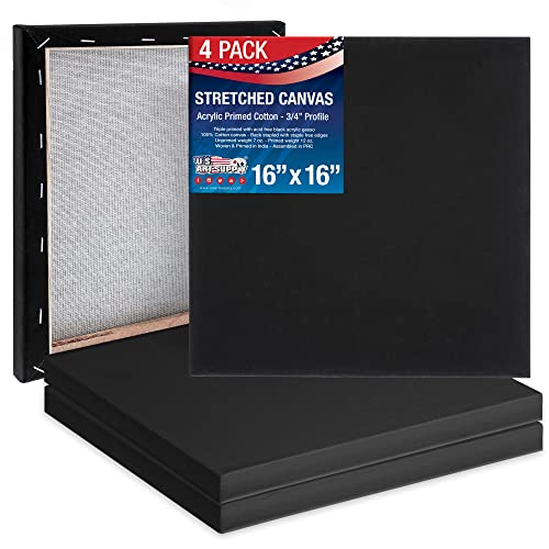 U.S. Art Supply 16"x16" Black Stretched Canvas for Painting, 3/4", 4-Pack - size: 16" x 16"