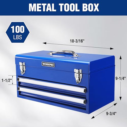 WORKPRO Tool Box with Drawers, 18 Inch with 2 Drawers and 1 Top Storage, Portable Toolbox with Metal Latch and Liner for Garage, Office and Home Storage, 100 LBS Load Capacity (Totally) - size: 18 Inch