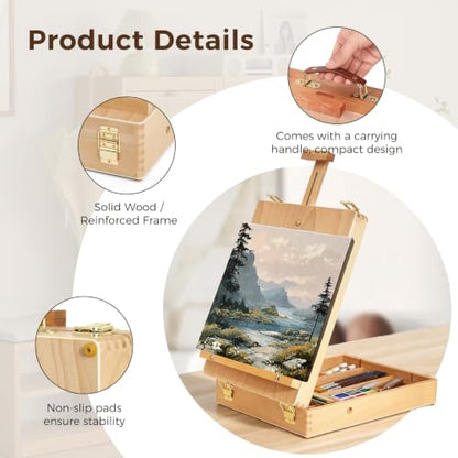 Wooden Tabletop Easel, Adjustable Sketch Box Easel with Storage Compartment | Adjustable Angle Design, Fits A4, A3 Sketch Boards,Portable Art Easel Painting for Classrooms, Studios and Outdoor Sketching
