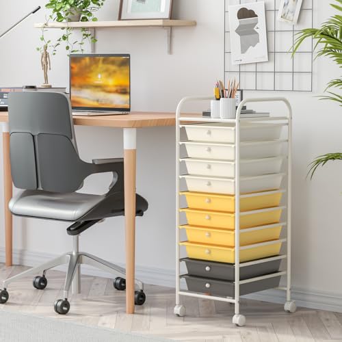 RELAX4LIFE 10 Drawer Rolling Cart, Slim Storage Cart w/Lockable Wheels for Classroom School Teacher Office, Art Supplies Paper Scrapbook Craft Organizers, Utility Cart with Drawers (Yellow) - color: Yellow, size: 34''H