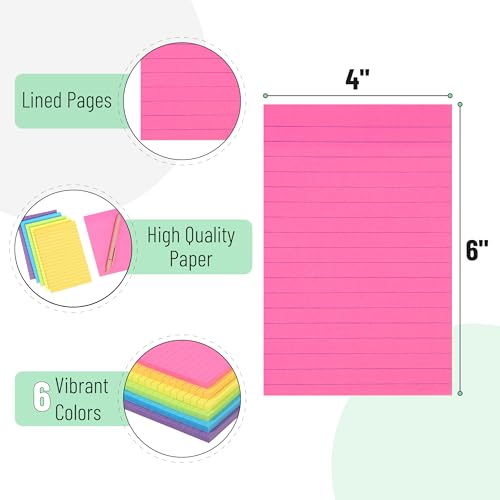 Mr. Pen- Lined Sticky Notes, 4" x 6", 6 Pads, 45 Sheets/Pad | Sticky Notes with Lines, Ruled Post Stickies, Memo Pads, Self-Stick Note Pad for Office, School, Home, Study - color: Vibrant, size: 4 x 6 inches, 6 Pads