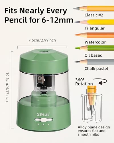 ZMOL Electric Pencil Sharpener Battery Powered, 6-12mm Jumbo Pencils,Green | Suitable for No.2/Colored Pencils(6-12mm), 3 Modes,Fast Sharpen,AC Adapter/Battery Operated in School/Classroom/Office/Home - color: Green