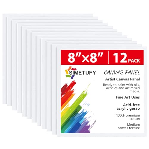12 Pack 8x8 Inch Painting Canvas Panels Square Boards for Painting | 8oz Gesso Primed Acid-Free 100% Cotton for Acrylics Paints - size: 8"x8"