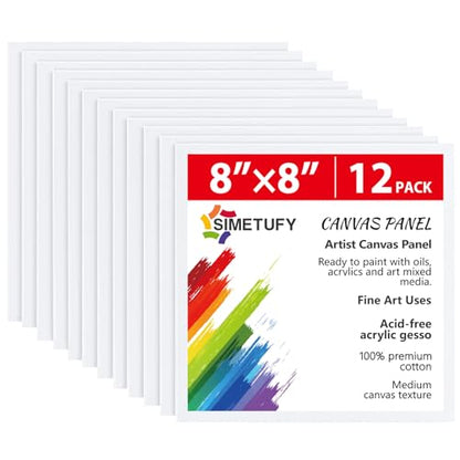 12 Pack 8x8 Inch Painting Canvas Panels Square Boards for Painting | 8oz Gesso Primed Acid-Free 100% Cotton for Acrylics Paints - size: 8"x8"