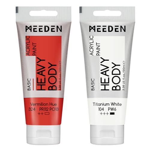 MEEDEN Acrylic Paint Vermilion Hue: 100ml/3.38oz x 2 with Titanium White | Heavy Body Artist Acrylic Paint Set for Canvas, Wood & Craft, Non-toxic Creamy Art Paint with Titanium White for Mixing - color: Vermilion Hue, size: 2 Tubes