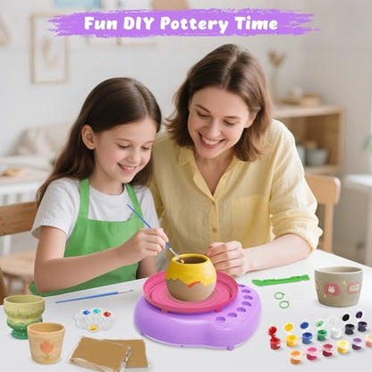 Pottery Wheel for Kids with Air Dry Clay Kit, 12 Paints & Tools, Ages 6-12 | No kiln needed: shape on the electric wheel, air-dry & paint. Gentle beginner speed; kit adds 3 clay packs, tools & apron - color: pink/purple