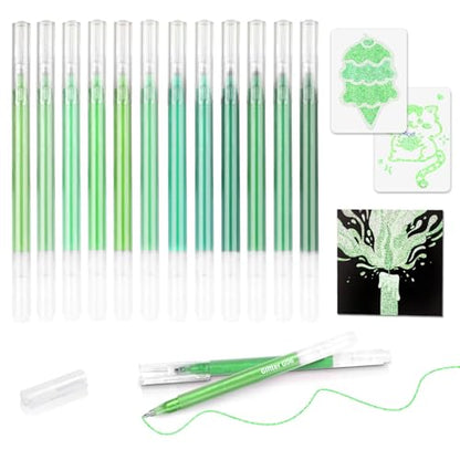 12 Green Glitter Gel Pens Set, 1.0 mm Fine Point for Black Paper & White Paper, Large Capacity Pens for Journaling, Adult Coloring Books, Drawing, Note Taking, Highlighting - color: green