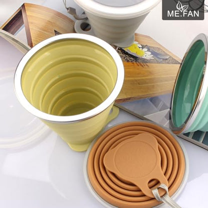 ME.FAN Silicone Collapsible Travel Cup - Silicone Folding Camping Cup with Lids - Expandable Drinking Cup Set - Portable, Graduated [9.22oz] - color: 4 Pack-Powderblue-Light Gray-Yellow Green-Light Brown