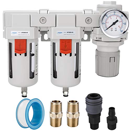 NANPU DFR-03 3/8" NPT Air Drying System - Double Air Filters, Air Pressure Regulator Combo - Semi-Auto Drain, Poly Bowl - size: 3/8" NPT, style: 5 μ