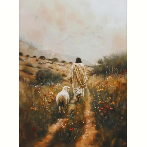 GEMOUJ Paint by Numbers Kit for Adults Beginners,Jesus and Lamb Walking on the Path Cans Paint by Number Kits for Adults,Unframed Painting Art Crafts,Home Wall Decor 16X20 Inch - color: GM22