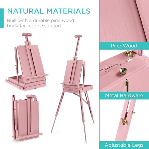 Best Choice Products Art Easel for Painting, Portable Wooden Adjustable Artist Tripod with Sketch Box, 32-Piece Art Set with Acrylic Paints, Brushes, Canvases & Palette - Pink - style: Pink