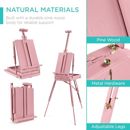 Best Choice Products Art Easel for Painting, Portable Wooden Adjustable Artist Tripod with Sketch Box, 32-Piece Art Set with Acrylic Paints, Brushes, Canvases & Palette - Pink - style: Pink